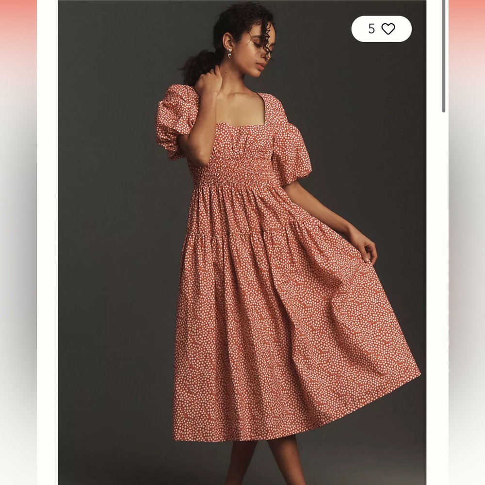 Puff-Sleeve Smocked Poplin Midi Dress